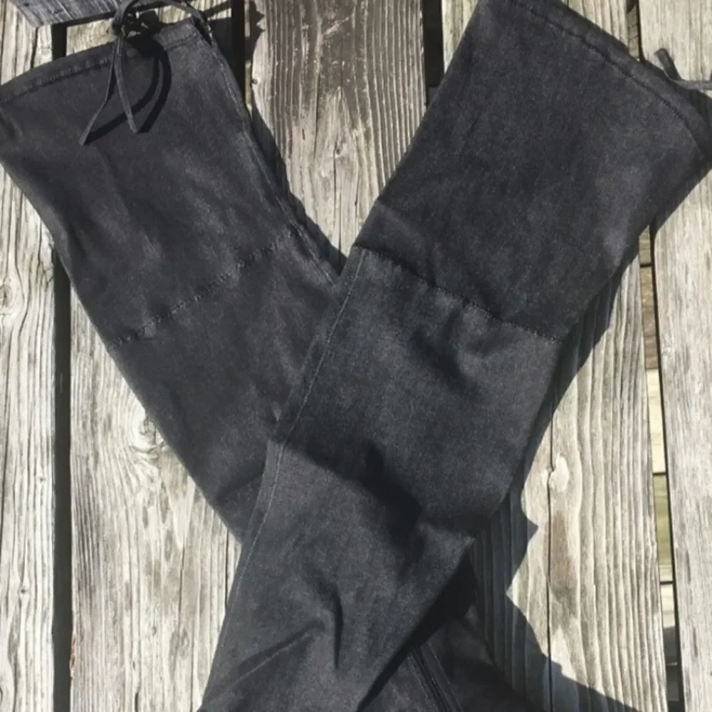 BLACK DENIM OVER THE KNEE BLOCK PLASFORM HEEL BOOT